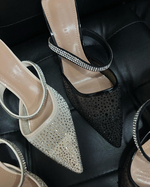 Pointed Toe Lace Mess Stone Embellished Heels